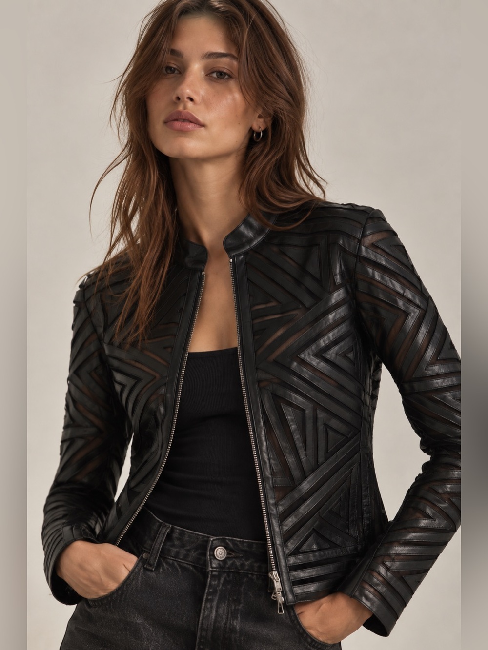 Multiples Black Sheer Mesh Geometric Faux Leather Moto Jacket Size Small
